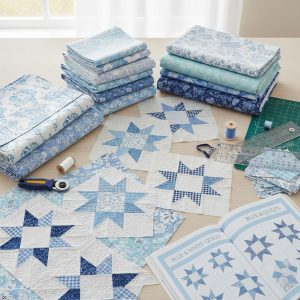 Show a lap quilt set of materials in the colors white and shades of blue .. with quilt blocks of pin wheels and Missouri stars